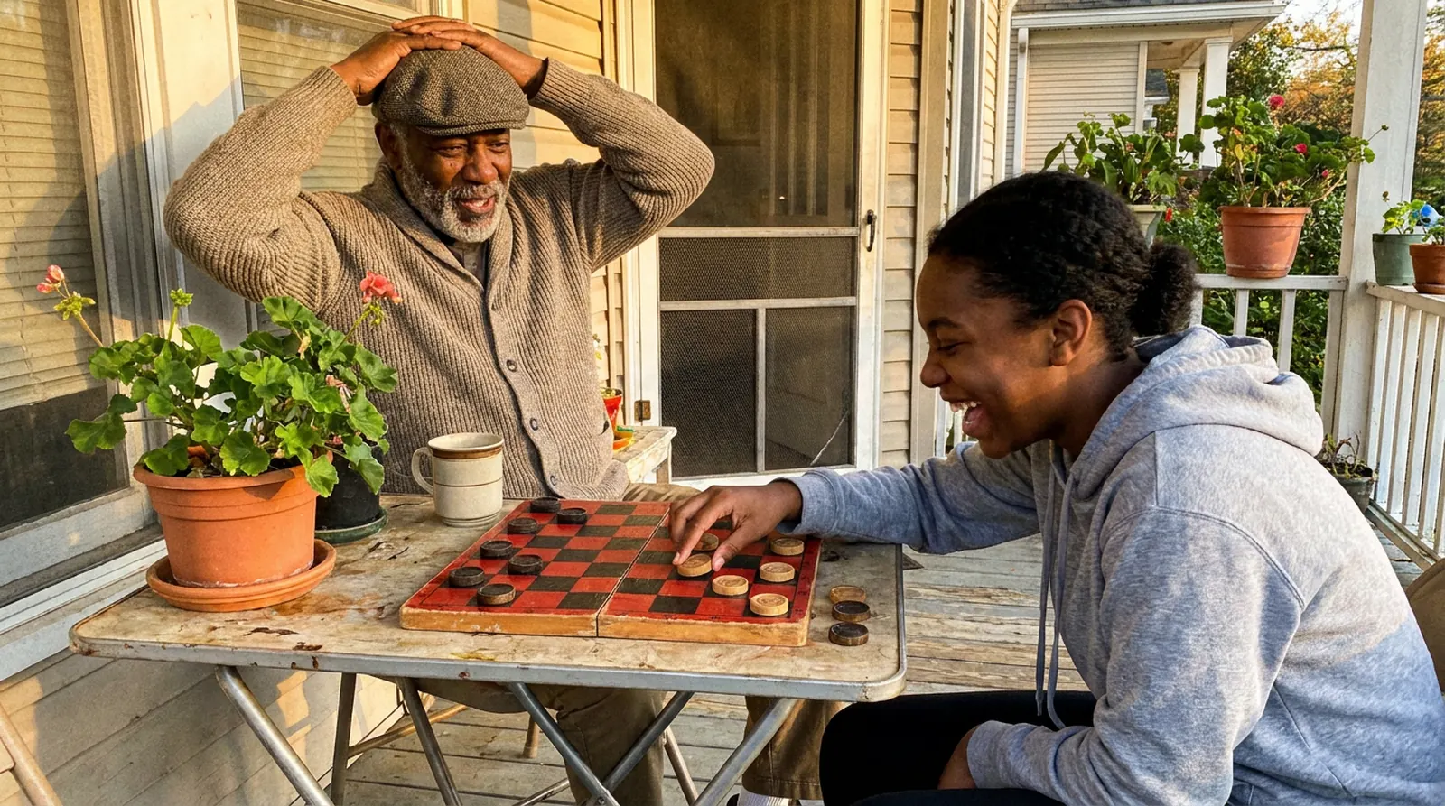 A grandfather in a flat cap holds his head in mock agony on a porch while his granddaughter laughs, her hand on a piece she has just double-jumped on a red and black checkers board