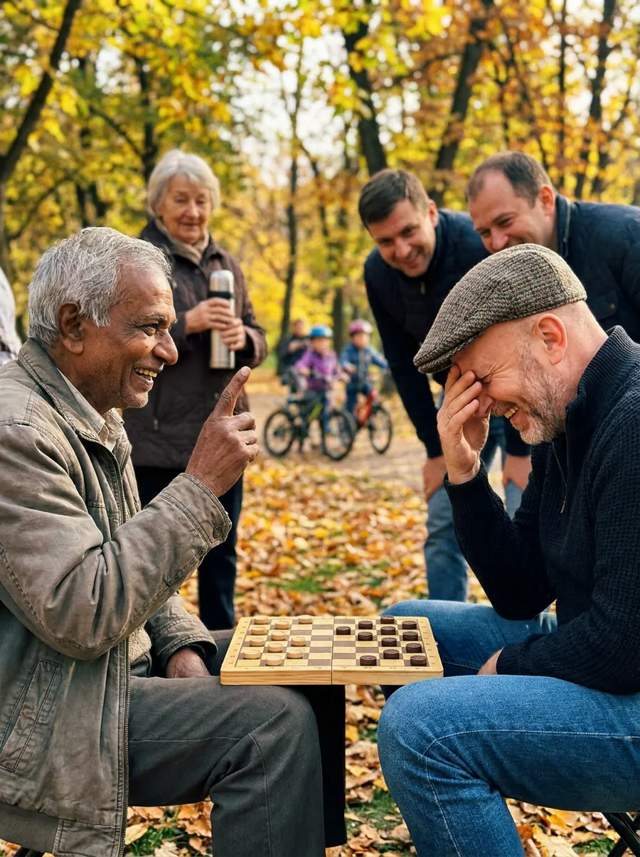 Two old friends on a park bench over a checkers board: one raises a finger in triumph, the other covers his eyes, laughing, with a crowd of onlookers behind them