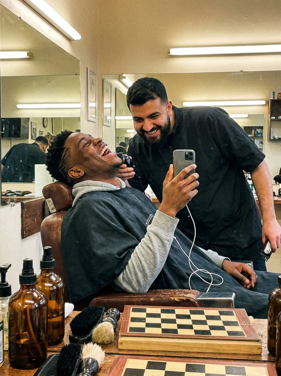 A young man in a barbershop chair laughing at his phone on a call while the barber grins at the screen