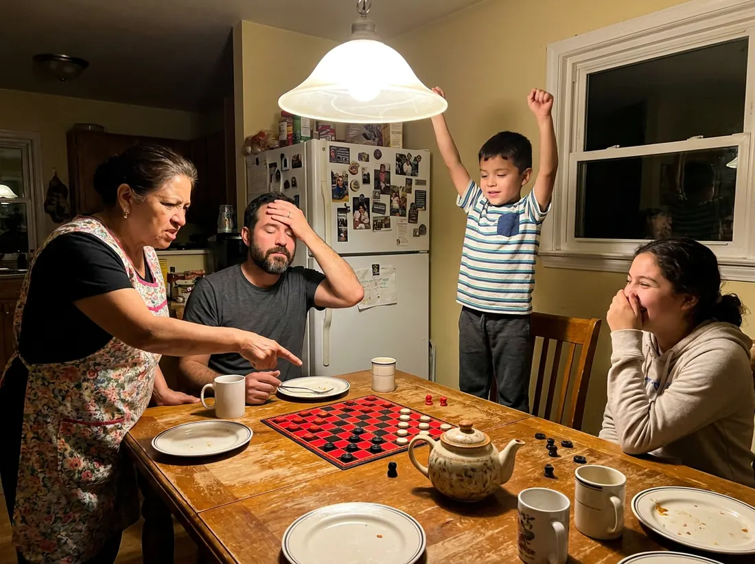 A family round the kitchen table: a grandmother points at the checkers board in protest, a father grips his head, a boy stands on his chair with his arms up, a teenager laughs