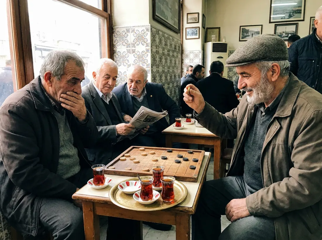 Two men in an Istanbul cafe playing dama over tulip tea glasses: one holds up a captured piece with a sly smile, the other stares at the board in disbelief