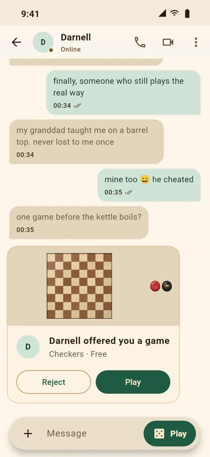 Checkers Talk: a chat with an offer to play checkers