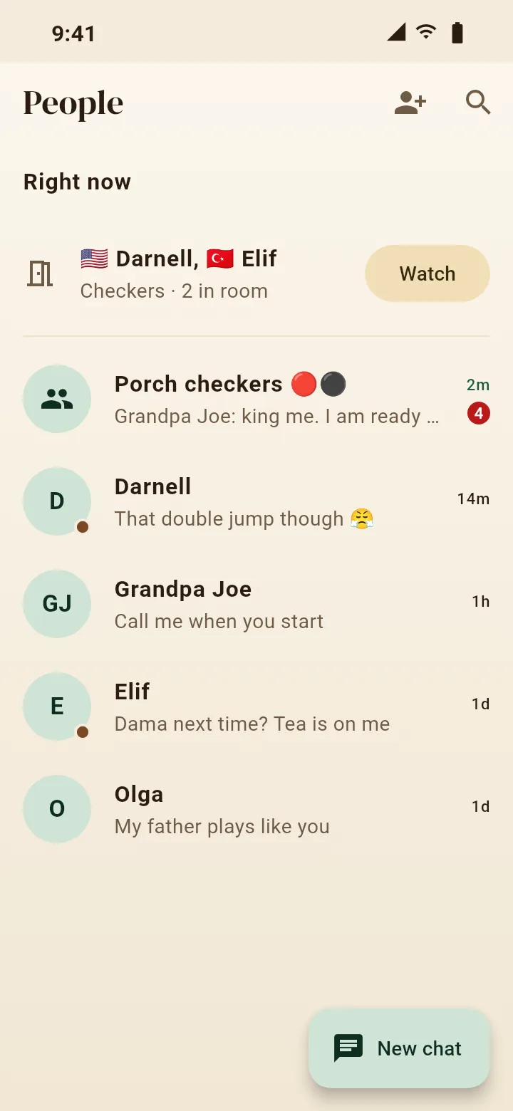 Checkers Talk: your people, who's in a game right now, and your chats