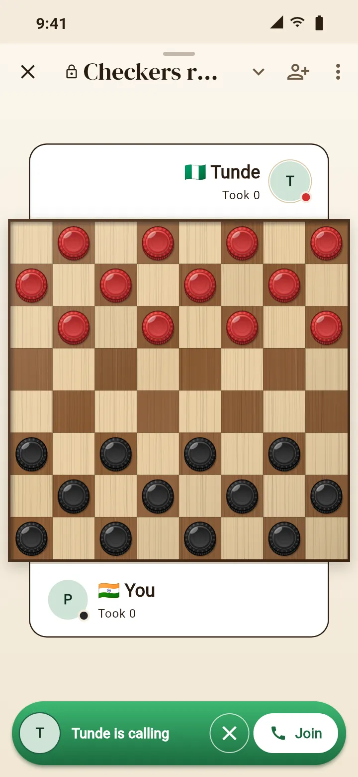 Checkers Talk: a game on a live call, with Tunde calling the room